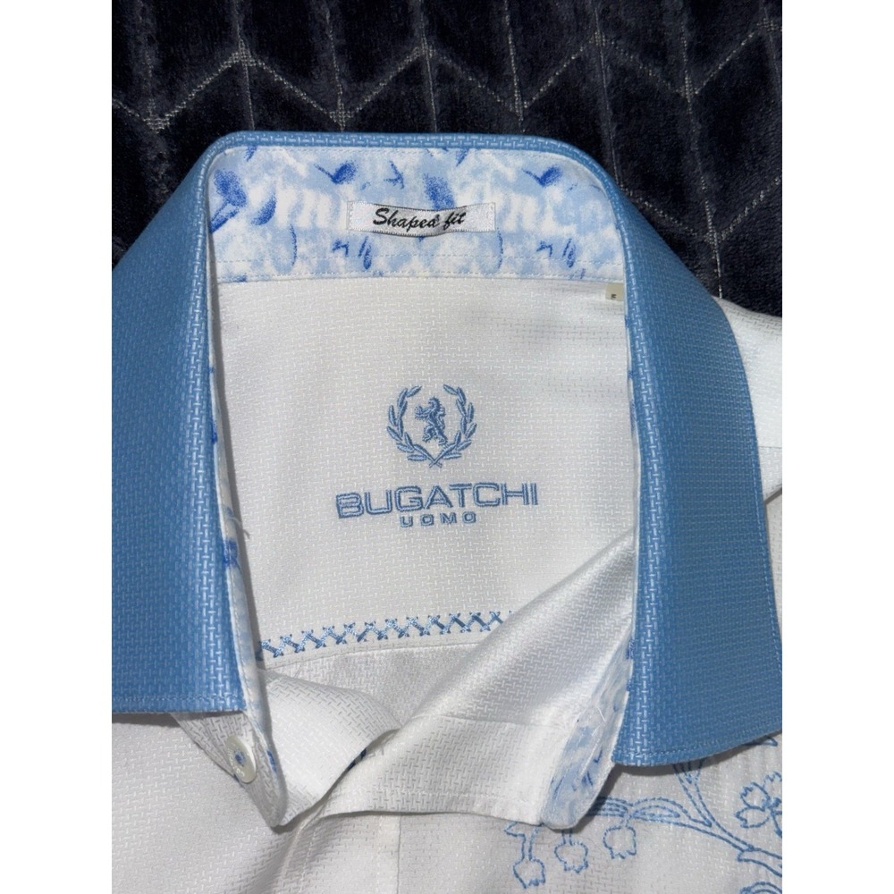 Bugatchi Uomo Men White Blue Floral Embroidered Shaped Fit Button Down Sz M - Picture 4 of 10